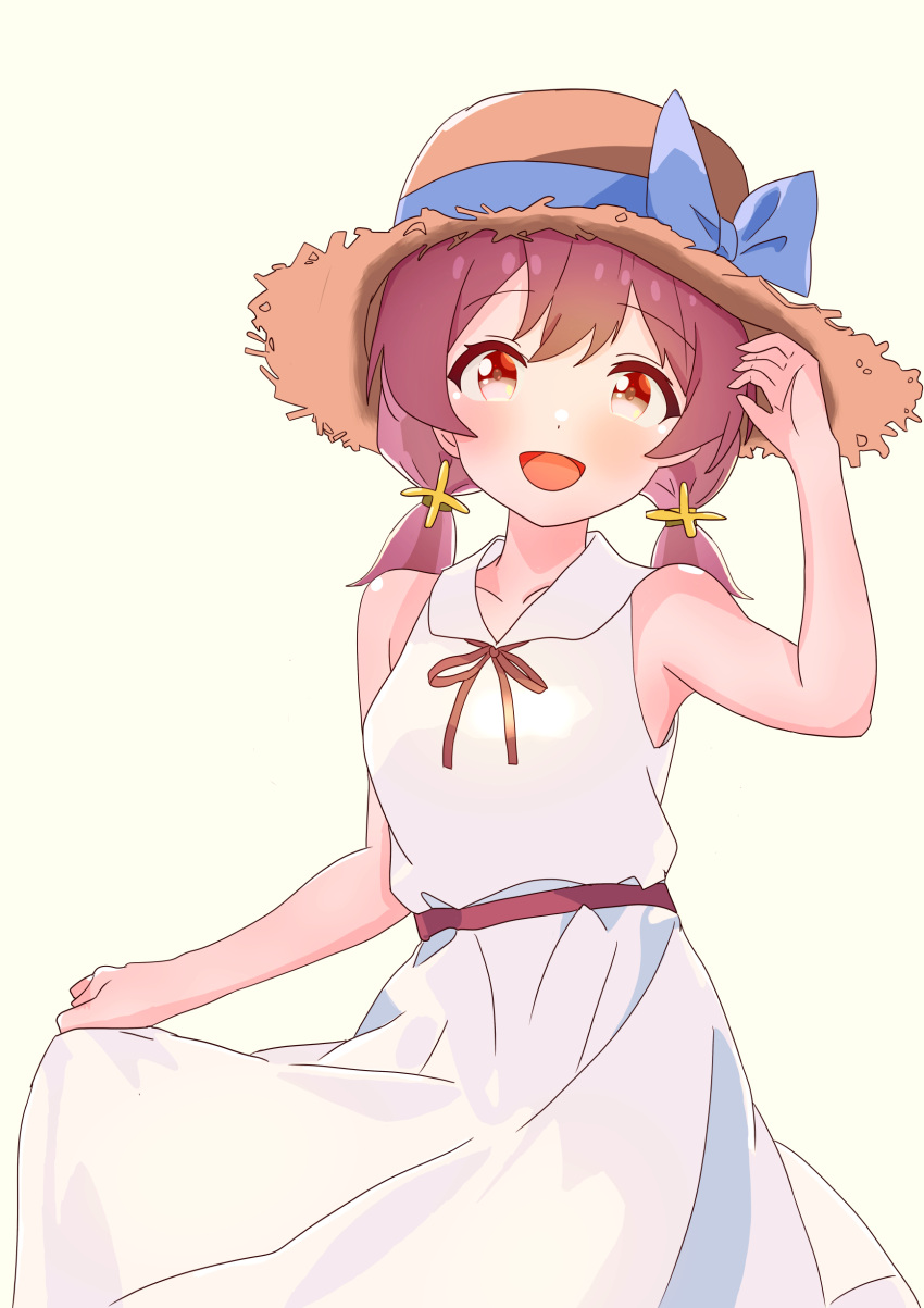 1girl :d absurdres alternate_costume bare_arms bare_shoulders blue_bow bow breasts commentary dot_nose dress hair_bow hand_up hat highres light_blush looking_at_viewer low_twintails medium_breasts medium_hair murosaki_miyo onii-chan_wa_oshimai! open_mouth pa_panahana red_eyes red_hair simple_background skirt_hold sleeveless sleeveless_dress smile solo straw_hat twintails white_dress yellow_background