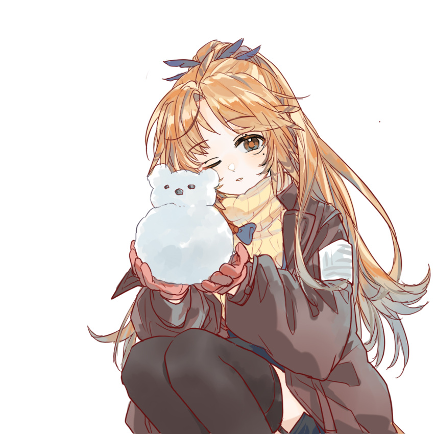 1girl arknights black_thighhighs brown_jacket feather_hair feet_out_of_frame forehead garter_straps gloves half_updo hansuitianer highres holding_snowman jacket legs_together long_hair long_sleeves looking_at_viewer mole mole_under_eye one_eye_closed open_clothes open_jacket orange_eyes orange_hair parted_bangs parted_lips pinecone_(arknights) ponytail red_gloves ribbed_sweater sidelocks simple_background snowman solo squatting sweater thighhighs turtleneck turtleneck_sweater white_background yellow_sweater