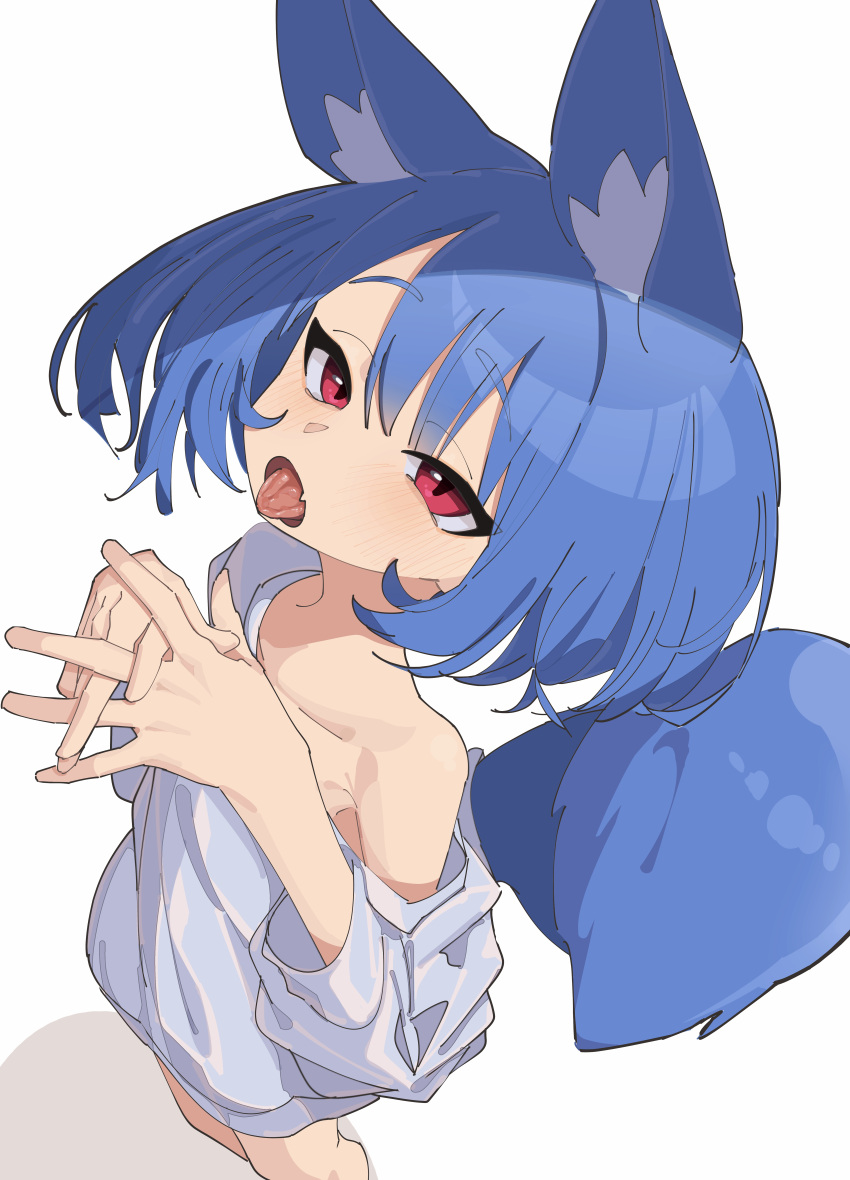 1girl absurdres animal_ear_fluff animal_ears blue_hair blush collarbone fang foreshortening fox_ears fox_girl fox_tail from_above hands_up highres interlocked_fingers loose_clothes loose_shirt miya_(myakuro) myakuro original red_eyes shirt short_hair simple_background skin_fang sleeves_past_elbows slit_pupils solo standing tail tongue tongue_out white_background white_shirt