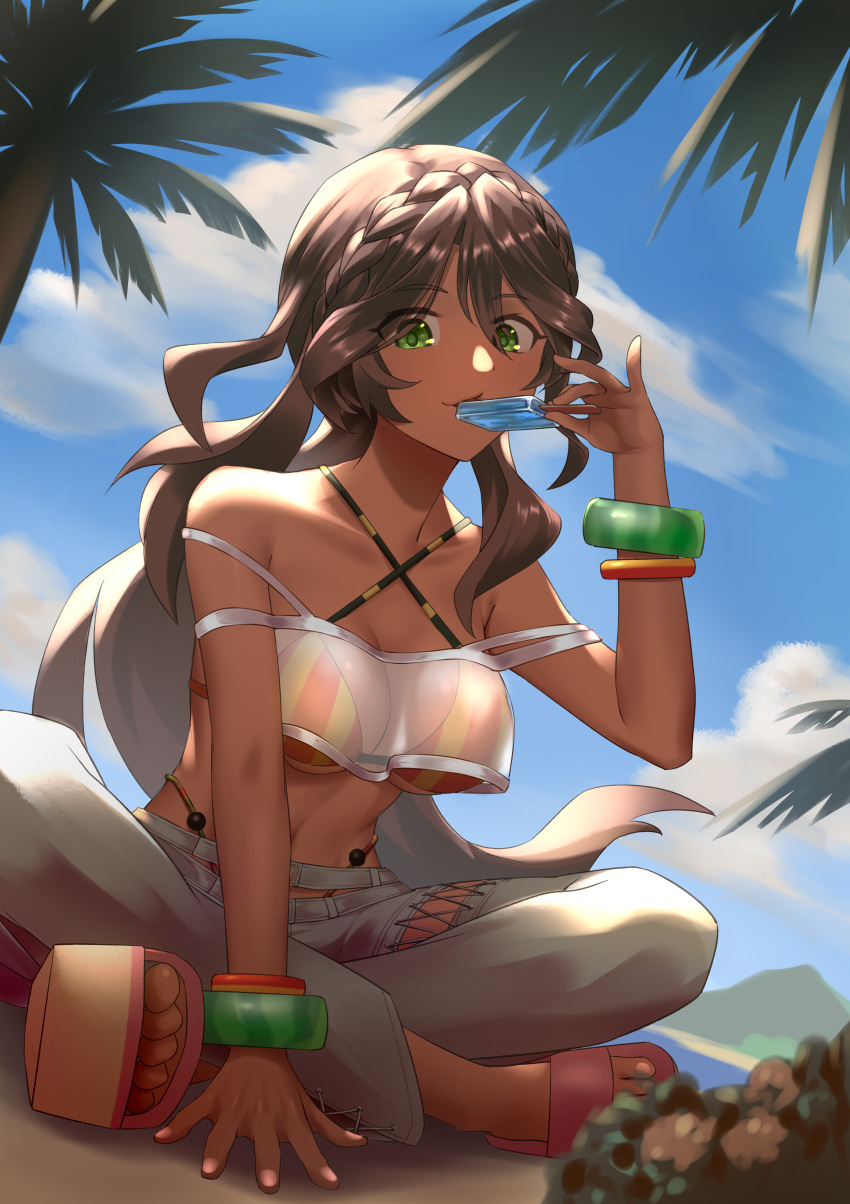 1girl absurdres andromeda_(fate) andromeda_(second_ascension)_(fate) bandeau bare_shoulders beach bikini bikini_under_clothes blue_sky blush bracelet braid breasts brown_hair cleavage criss-cross_halter cross-laced_clothes crown_braid d-l-l dark-skinned_female dark_skin denim fate/grand_order fate_(series) food green_eyes grey_pants halterneck highleg highleg_bikini highres indian_style jeans jewelry large_breasts long_hair looking_at_viewer low_ponytail multicolored_bikini multicolored_clothes navel palm_tree pants popsicle rainbow_bikini sandals see-through sidelocks sitting sky smile solo swimsuit tree