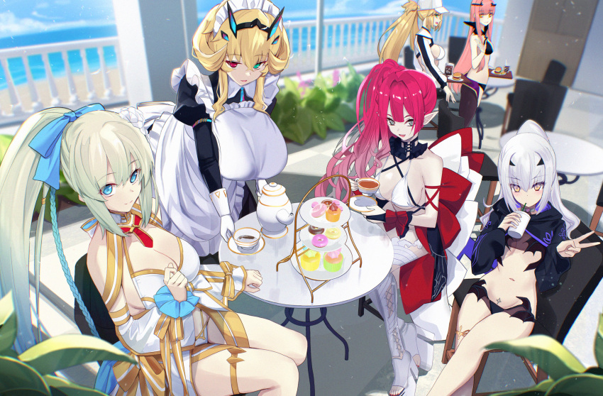 6+girls apron artoria_caster_(fate) artoria_caster_(swimsuit)_(fate) artoria_caster_(swimsuit)_(first_ascension)_(fate) artoria_pendragon_(fate) baobhan_sith_(fate) baobhan_sith_(swimsuit_pretender)_(fate) baobhan_sith_(swimsuit_pretender)_(third_ascension)_(fate) bare_shoulders barghest_(fate) barghest_(swimsuit_archer)_(fate) barghest_(swimsuit_archer)_(second_ascension)_(fate) baseball_cap bikini black_bikini black_dress black_jacket blonde_hair blue_eyes blue_hair blush braid breasts bridal_gauntlets chair circlet cleavage cnoc_na_riabh_(fate) cnoc_na_riabh_(swimsuit_foreigner)_(fate) collared_dress cropped_jacket cup cupcake detached_collar detached_sleeves doughnut dress fate/grand_order fate_(series) flower food forked_eyebrows french_braid gloves gold_trim green_eyes grey_eyes hair_flower hair_ornament hair_ribbon hat heterochromia high_ponytail highres horns huge_breasts jacket large_breasts leggings long_hair long_skirt long_sleeves looking_at_viewer maid maid_headdress medb_(fate) medium_breasts medium_hair melusine_(fate) melusine_(swimsuit_ruler)_(fate) melusine_(swimsuit_ruler)_(first_ascension)_(fate) morgan_le_fay_(fate) morgan_le_fay_(water_princess)_(fate) multiple_girls navel pink_hair pointy_ears ponytail pubic_tattoo puffy_long_sleeves puffy_sleeves red_eyes ribbon saucer shrug_(clothing) side_ponytail sidelocks sitting skirt small_breasts swimsuit table tattoo tea teacup thighhighs thighlet thighs tiered_tray twin_braids twintails untue very_long_hair white_apron white_bikini white_gloves white_hair white_hat white_jacket white_skirt white_thighhighs yellow_eyes