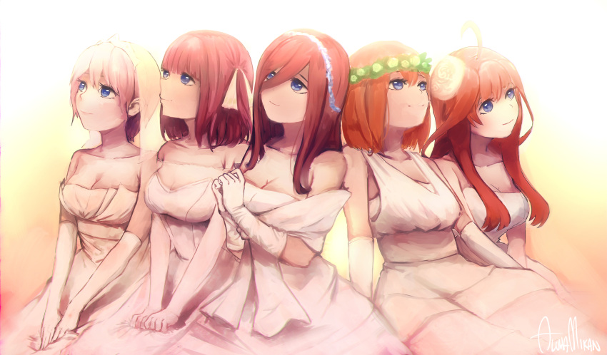 5girls absurdres ahoge alohamikan blue_eyes breasts bridal_veil brown_hair cleavage closed_mouth commentary_request dress elbow_gloves gloves go-toubun_no_hanayome gradient_background hair_ribbon head_wreath highres large_breasts long_dress long_hair_between_eyes looking_up multiple_girls nakano_ichika nakano_itsuki nakano_miku nakano_nino nakano_yotsuba orange_hair own_hands_together pink_hair quintuplets red_hair ribbon signature simple_background sitting smile strapless strapless_dress veil wedding_dress white_dress white_gloves white_ribbon