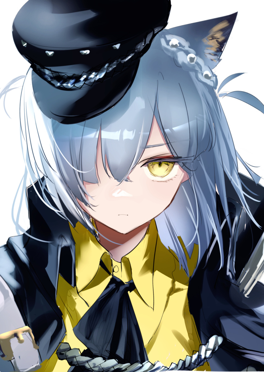 1girl animal_ears arknights ascot black_ascot black_hat black_jacket blue_hair cat_ears cat_girl closed_mouth collared_shirt delphine_(arknights) expressionless hair_between_eyes hair_over_one_eye hat highres jacket looking_at_viewer one_eye_covered open_clothes open_jacket peaked_cap raramente shirt simple_background solo upper_body white_background yellow_eyes yellow_shirt