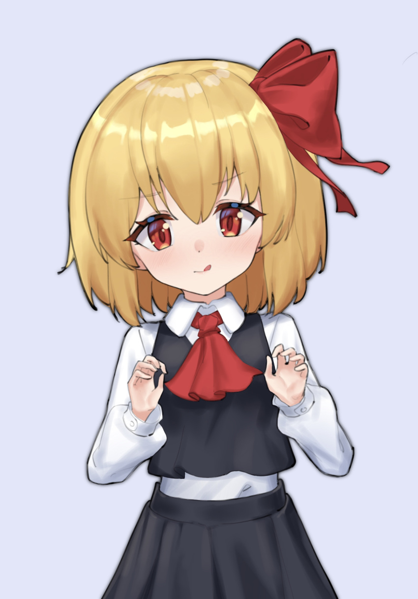 1girl :q ascot black_skirt black_vest blonde_hair hair_ribbon highres long_sleeves looking_at_viewer lulumiya_(abbb1233) medium_hair red_ascot red_eyes ribbon rumia shirt simple_background skirt solo tongue tongue_out touhou upper_body vest white_shirt