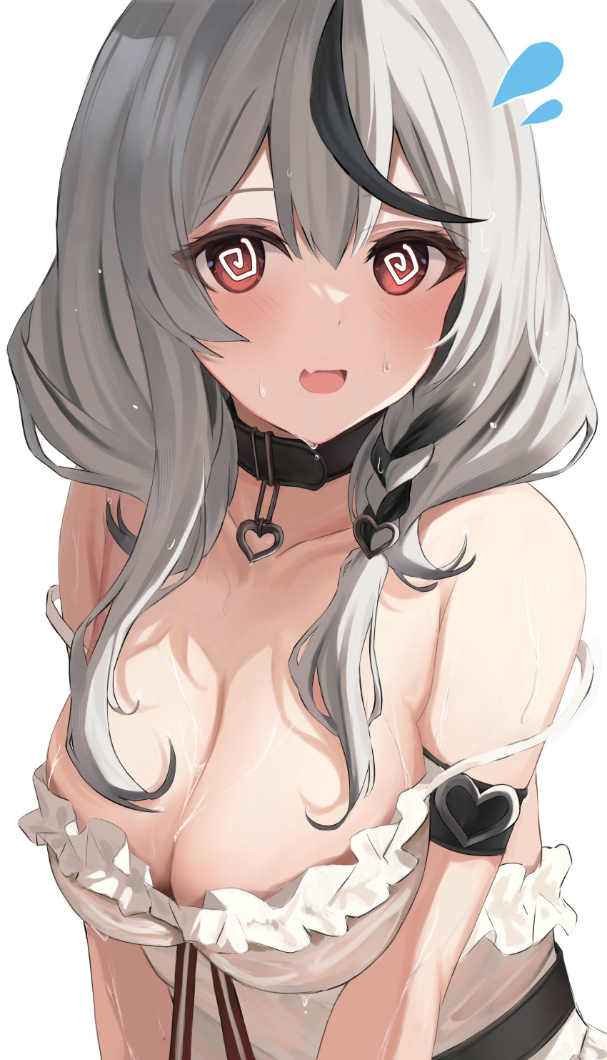 1girl @_@ absurdres bare_shoulders black_hair blush braid breasts camisole cleavage collarbone frilled_camisole frills grey_hair highres hololive large_breasts medium_hair multicolored_hair no_headwear off_shoulder red_eyes ru_airasuto sakamata_chloe sakamata_chloe_(1st_costume) side_braid simple_background solo streaked_hair two-tone_hair upper_body wet white_background white_camisole