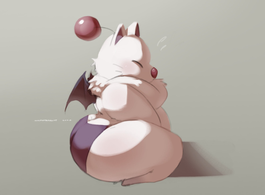 2024 ambiguous_gender anthro big_butt biped blush butt clothing dated dewlap_(anatomy) dreamywolfdd eyes_closed featureless_feet feet final_fantasy final_fantasy_xiv fur grey_background hi_res kneeling mammal membrane_(anatomy) membranous_wings moogle neck_tuft panties prick_ears purple_clothing purple_panties purple_underwear red_nose shadow side_view signature simple_background solo square_enix sweatdrop_(iconography) tuft underwear whiskers white_body white_fur wings