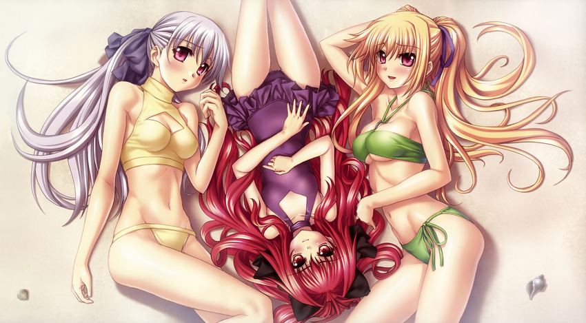 :d absurdres beach bikini blonde_hair blush breasts casual_one-piece_swimsuit cleavage cleavage_cutout corticarte_apa_lagranges embarrassed flat_chest frilled_swimsuit frills from_above hair_intakes hair_ribbon highres kannatsuki_noboru large_breasts legs lineup long_hair lowleg lowleg_bikini lying multiple_girls official_art on_back on_side one-piece_swimsuit open_mouth outdoors pink_eyes ponytail red_eyes red_hair ribbon scan seashell shell shinkyoku_soukai_polyphonica siblings side-tie_bikini silver_hair sisters smile sports_bikini swimsuit take_your_pick thigh_gap turtleneck twintails underboob very_long_hair yugiri_perserte yugiri_princesca