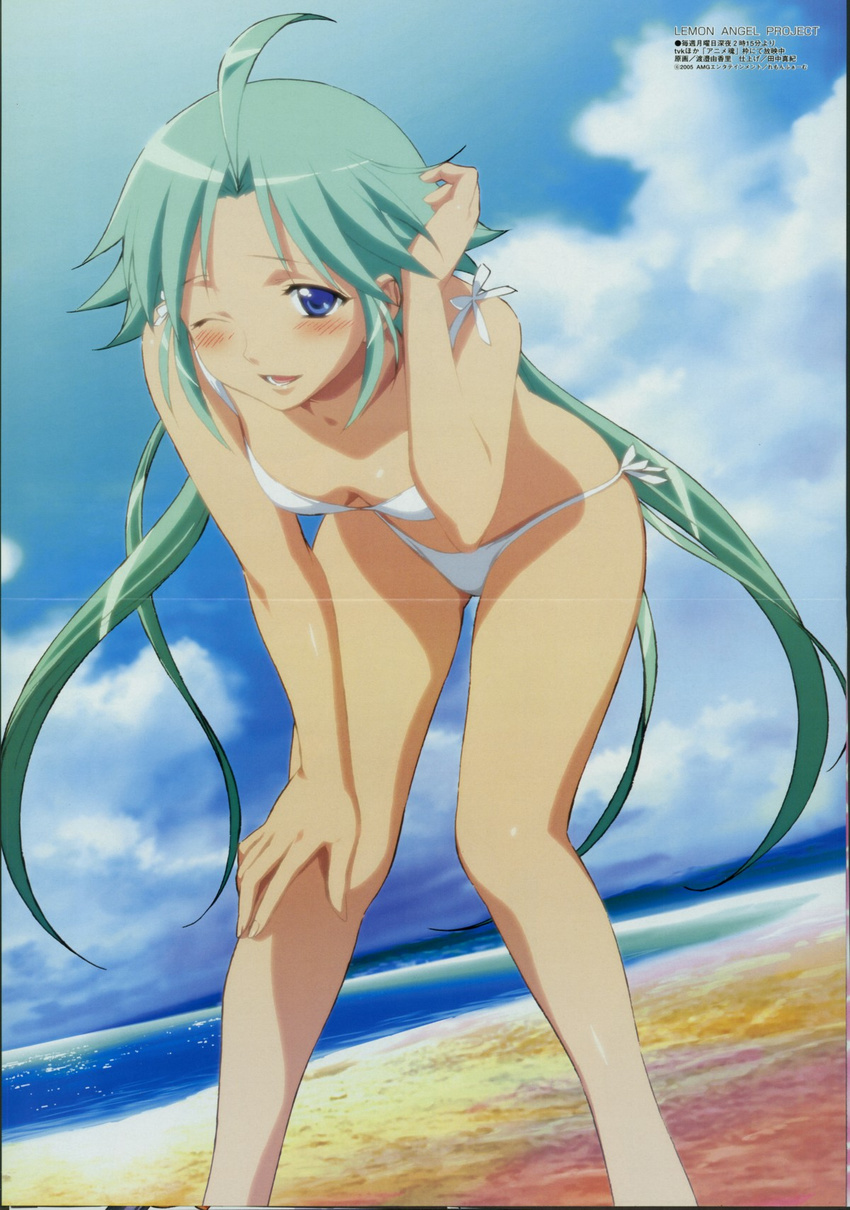 ;d adjusting_hair ahoge aqua_hair bangs beach bent_over bikini blue_eyes blush breasts cleavage cloud crease day downblouse hand_on_own_knee highres legs lemon_angel_project long_hair looking_at_viewer megami minaguchi_tomo non-web_source ocean official_art one_eye_closed open_mouth outdoors parted_bangs scan scan_artifacts side-tie_bikini sidelocks sky small_breasts smile solo spiked_hair string_bikini swimsuit twintails very_long_hair watanabe_yukari water white_bikini