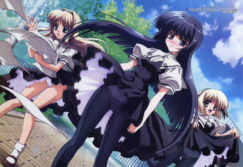 absurdres blush dress dress_lift dutch_angle flying_paper h2o_footprints_in_the_sand highres kagura_hinata kohinata_hayami mary_janes megami multiple_girls official_art oonishi_takako otoha panties panties_under_pantyhose pantyhose pantyshot paper school_uniform serafuku shoes skirt skirt_lift underwear wind wind_lift