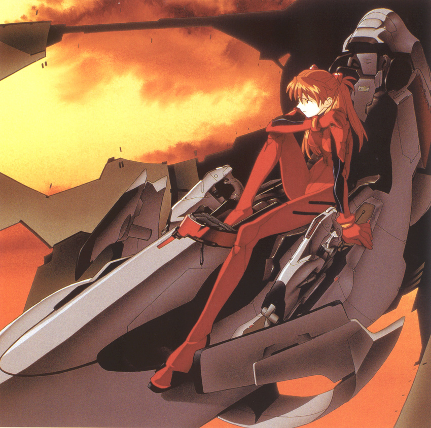 absurdres arm_support bangs bodysuit bracer breasts closed_mouth cloud cockpit from_side full_body gloves hair_between_eyes hand_on_own_shoulder headgear highres honda_takeshi knee_up long_hair long_legs looking_to_the_side neon_genesis_evangelion number official_art orange_hair pilot_suit plugsuit red_bodysuit sad scan scan_artifacts sitting skinny sky slim_legs small_breasts solo souryuu_asuka_langley sunset two_side_up window