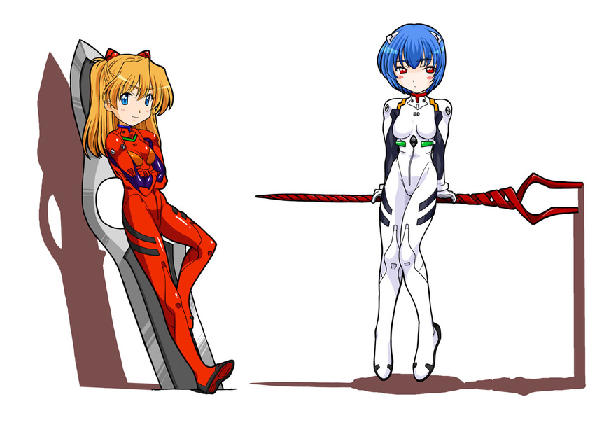 ayanami_rei blue_eyes blue_hair blush bodysuit chibi double-blade kamia_(not_found) lance lance_of_longinus light_smile long_hair looking_at_viewer multiple_girls neon_genesis_evangelion plugsuit polearm red_eyes short_hair souryuu_asuka_langley spear sword weapon white_bodysuit