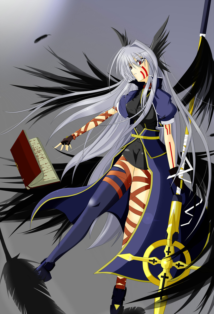 asymmetrical_clothes book cropped_jacket facial_mark feathers fingerless_gloves gloves head_wings highres jacket lyrical_nanoha magical_girl mahou_shoujo_lyrical_nanoha mahou_shoujo_lyrical_nanoha_a's open_clothes open_jacket red_eyes reinforce schwertkreuz silver_hair single_thighhigh solo thighhighs tome_of_the_night_sky waist_cape
