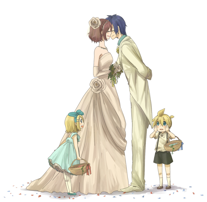 2girls bride child couple dress flower happy hetero kagamine_len kagamine_rin kaito kiss meiko multiple_boys multiple_girls najo rose siblings twins vocaloid wedding wedding_dress