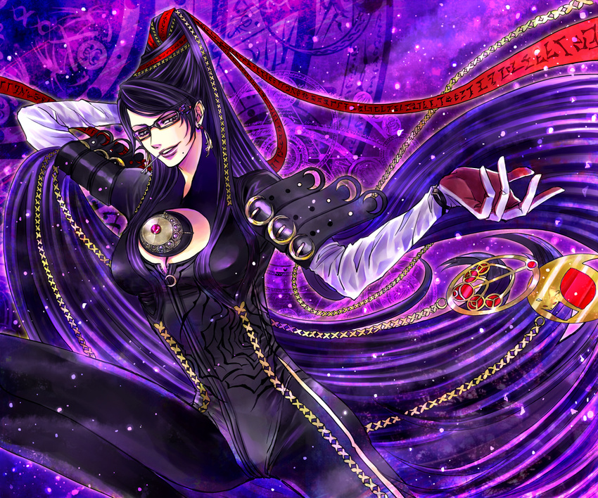 amulet bayonetta bayonetta_(character) black_eyes bodysuit breasts candy cleavage cleavage_cutout earrings elbow_gloves food glasses gloves hair_bun hair_ornament hair_ribbon hand_behind_head jewelry kaoru leg_up lipstick lollipop long_hair makeup medium_breasts mole mole_under_mouth purple purple_hair purple_lipstick ribbon skin_tight solo very_long_hair