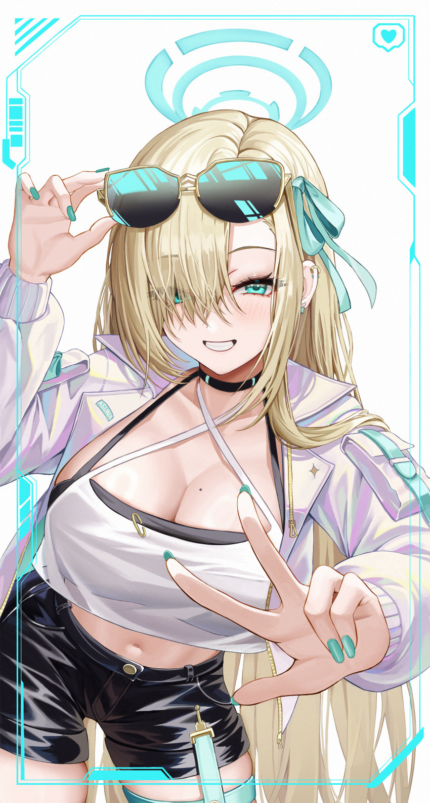 1girl absurdres alternate_costume aqua_border aqua_eyes aqua_halo aqua_nails aqua_ribbon asuna_(blue_archive) black_bra black_shorts blonde_hair blue_archive blush border bra breasts camisole cleavage commentary cowboy_shot crop_top ear_piercing eyewear_lift eyewear_on_head grin hair_over_one_eye hair_ribbon halo halterneck heart highres jacket large_breasts long_hair long_sleeves looking_at_viewer midriff mizurin mole mole_on_breast nail_polish navel open_clothes open_jacket piercing ribbon shorts simple_background smile solo sunglasses underwear unzipped very_long_hair w white_background white_camisole white_jacket zipper