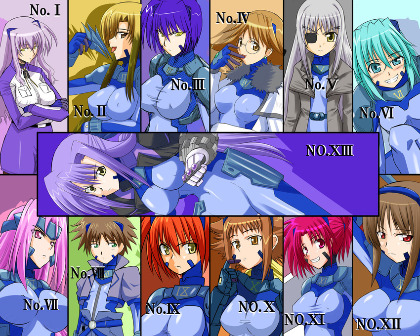 artist_request cinque_(nanoha) deed_(nanoha) dieci_(nanoha) due_(nanoha) eyepatch ginga_nakajima glasses lyrical_nanoha mahou_shoujo_lyrical_nanoha_strikers multiple_girls nove_(nanoha) numbers'_uniform numbers_(nanoha) otto_(nanoha) quattro_(nanoha) sein_(nanoha) sette_(nanoha) tre_(nanoha) uno_(nanoha) wendi_(nanoha)