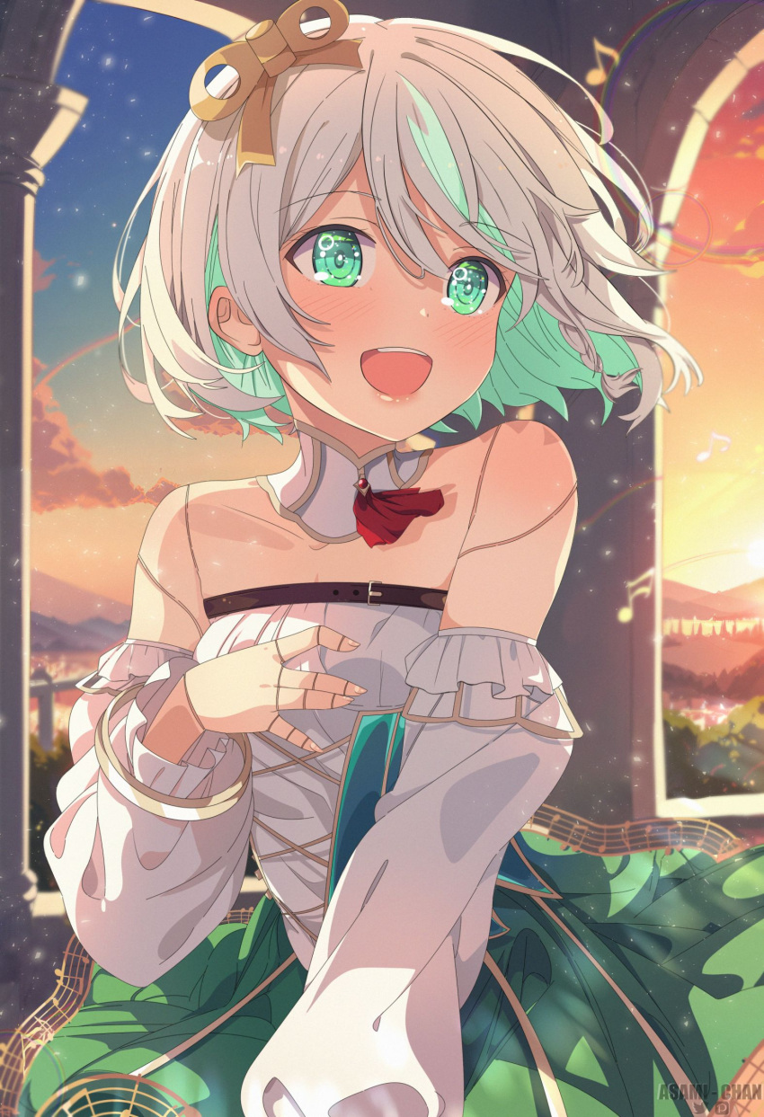 1girl :d asami-chan bare_shoulders blush cecilia_immergreen commentary detached_collar detached_sleeves doll_joints eighth_note frilled_sleeves frills gold_trim green_eyes green_hair green_skirt hand_on_own_chest highres hololive hololive_english joints light_particles multicolored_hair musical_note pillar short_hair sixteenth_note skirt smile streaked_hair sunset teeth upper_body upper_teeth_only virtual_youtuber white_hair winding_key