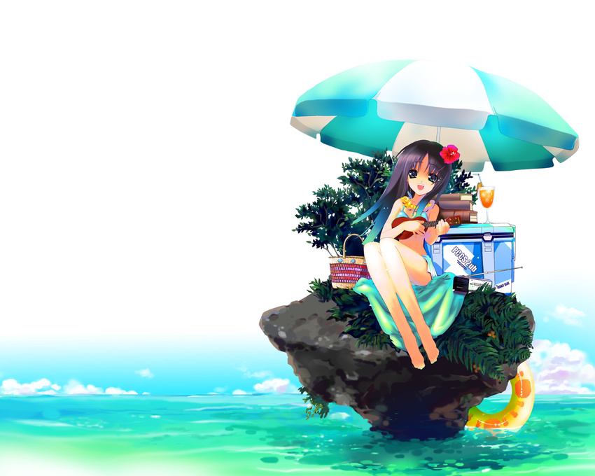 barefoot bikini copyright_request flower hibiscus innertube instrument parasol satoyasu smile solo swimsuit ukulele umbrella wallpaper water