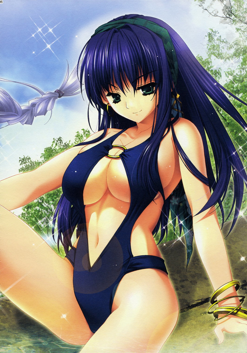 arm_support blue_hair breasts casual_one-piece_swimsuit green_eyes highres hrist_valkyrie kamishiro_midorimaru large_breasts long_hair one-piece_swimsuit sitting solo swimsuit underboob valkyrie_profile valkyrie_profile_2