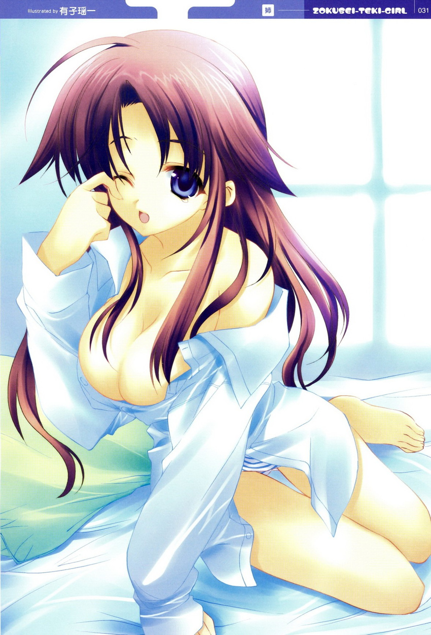 ahoge ariko_youichi barefoot bed_sheet blue_eyes breasts cleavage copyright_request highres large_breasts nightshirt off_shoulder one_eye_closed panties pillow pink_hair scan sleepy solo striped striped_panties tears thigh_gap unbuttoned underwear window