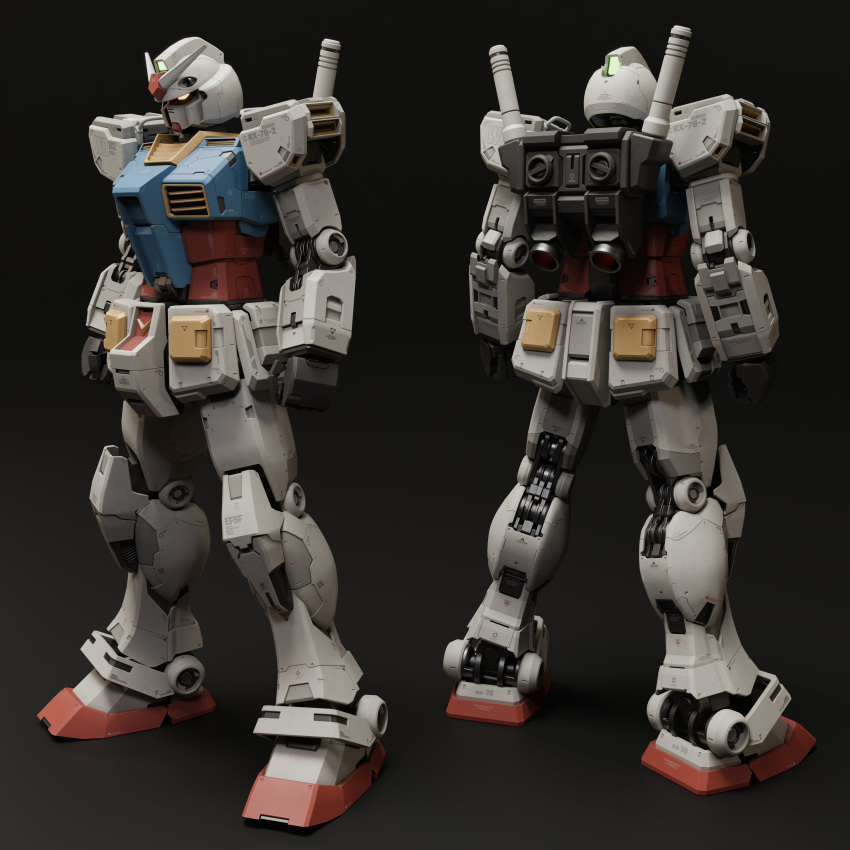 3d absurdres back blender_(medium) character_name comparison dual_persona earth_federation emblem english_commentary english_text gradient_background gundam highres machinery mecha mecha_focus mjeff mobile_suit mobile_suit_gundam multiple_views no_humans realistic robot roundel rx-78-2 science_fiction shadow thrusters v-fin vernier_thrusters
