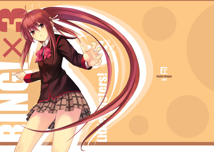 beige_background bow bowtie brown_skirt contrapposto cowboy_shot kitagawa_unagi little_busters! long_hair long_sleeves looking_at_viewer natsume_rin pink_bow plaid plaid_skirt pleated_skirt ponytail red_bow red_eyes red_hair red_neckwear simple_background skirt solo standing text_focus very_long_hair