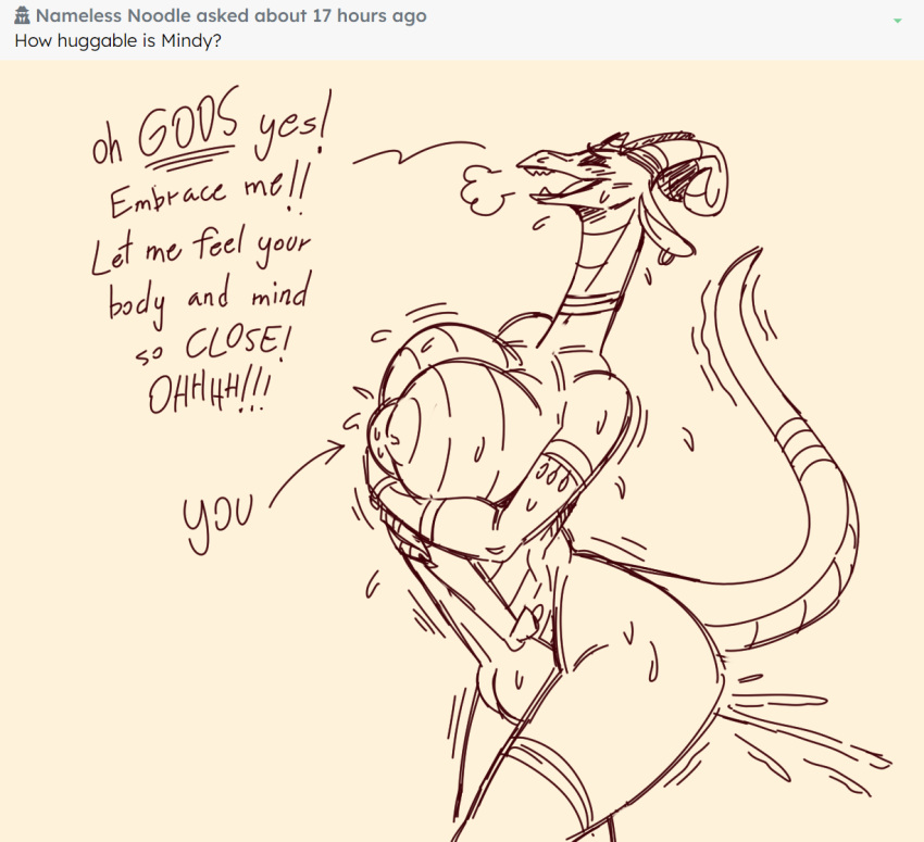 ambiguous_penetration anthro ask_blog big_breasts bodily_fluids bouncing_breasts breasts breasts_on_face dialogue dragon duo english_text eyes_closed female goolee happy hug huge_breasts human male male/female mammal mindy_(goolee) monochrome mythological_creature mythological_scalie mythology nipples non-mammal_breasts nude penetration scalie sex shaking shivering simple_background smothering sweat text