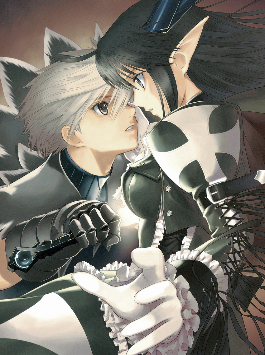 1girl armor black_hair couple elf eye_contact foreshortening frills gathers gauntlets gloves hetero highres kaito_kiriya long_hair looking_at_another pointy_ears shining_(series) shining_wind silver_hair sword tanaka_takayuki weapon xecty_ein