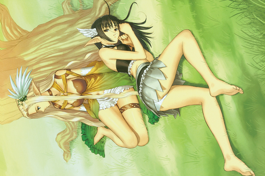 barefoot black_hair blonde_hair elf eternal_forest's_chanting feet head_wings highres legs long_hair lying multiple_girls panties pantyshot pantyshot_(lying) pointy_ears shining_(series) shining_wind sitting tanaka_takayuki underwear xecty_ein