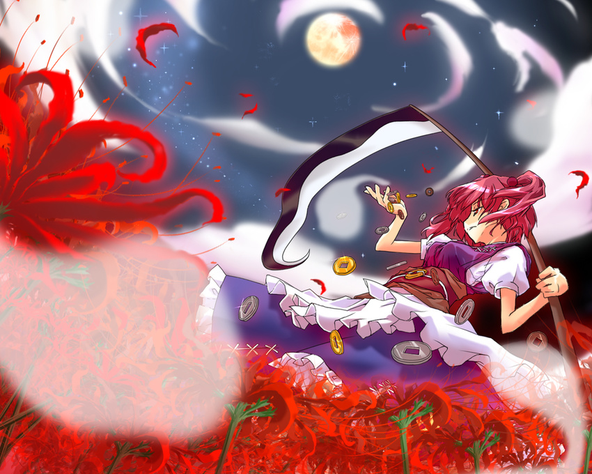 breasts cloud coin field flower flower_field frilled_skirt frills hair_bobbles hair_ornament hitodama hiyorimi medium_breasts moon night night_sky onozuka_komachi over_shoulder puffy_short_sleeves puffy_sleeves red_hair sash scythe shirt short_sleeves short_twintails skirt skirt_set sky solo spider_lily star_(sky) touhou twintails wallpaper weapon weapon_over_shoulder white_shirt