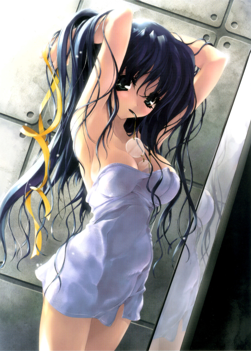 adjusting_hair armpits arms_up bath between_breasts blue_eyes blue_hair breasts cleavage copyright_request glasses hair_ribbon highres impossible_towel long_hair medium_breasts miwa_yoshikazu mouth_hold naked_towel ribbon solo towel wet wet_clothes