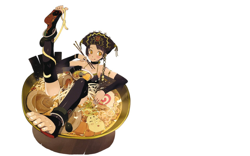 :q armlet bare_shoulders black_hair black_legwear bowl breasts choker chopsticks cleavage detached_sleeves feet food hat in_bowl in_container in_food large_breasts noodles okama original oversized_object ramen short_hair solo thighhighs toeless_legwear toes tongue tongue_out wallpaper yellow_eyes