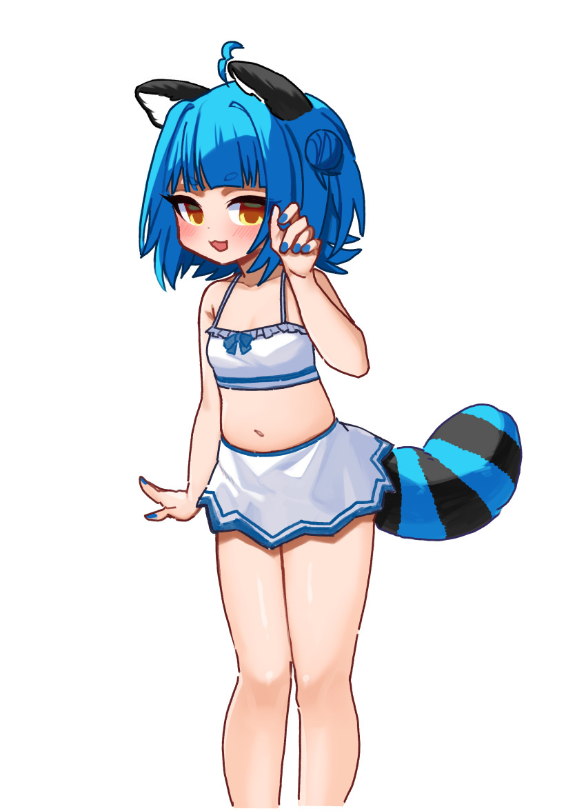 1girl :3 absurdres ahoge animal_ears arm_at_side armpit_crease bare_arms bare_legs bare_shoulders bikini bikini_skirt black_tail blue_hair blue_nails blue_tail blunt_bangs blush breasts eyelashes feet_out_of_frame hair_bun hand_up highres idol_corp looking_at_viewer medium_hair miniskirt nail_polish navel open_mouth poko_rakun raccoon_ears raccoon_girl raccoon_tail ryoshi short_eyebrows simple_background single_side_bun skirt small_breasts smile solo spaghetti_strap standing striped_tail swimsuit tail virtual_youtuber white_background white_bikini white_skirt yellow_eyes