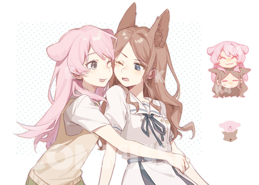 0819qyhj 2girls :3 ^_^ animal_ears bang_dream! bang_dream!_it's_mygo!!!!! blue_eyes blue_ribbon brown_hair brown_sweater_vest chihaya_anon chinese_commentary closed_eyes closed_mouth commentary_request dog_ears dog_girl dress fox_ears fox_girl grey_eyes highres hug kemonomimi_mode long_hair multiple_girls nagasaki_soyo neck_ribbon one_eye_closed pink_hair ribbon shirt short_sleeves sweater_vest tongue tongue_out white_dress white_shirt