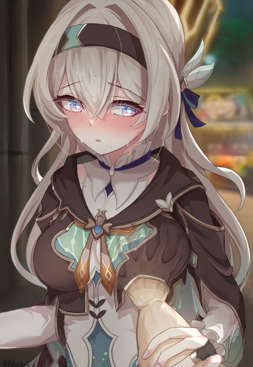1girl absurdres black_gloves black_hairband blue_pupils blurry blurry_background blush bridal_gauntlets firefly_(honkai:_star_rail) gloves grabbing_another's_breast grey_hair groping guided_breast_grab guiding_hand hairband highres honkai:_star_rail honkai_(series) long_hair long_sleeves neckerchief orange_neckerchief pov pov_hands purple_eyes shirt smile solo_focus tefutefufu white_shirt