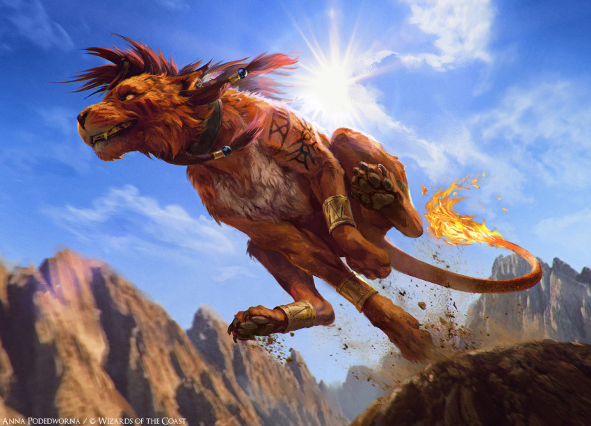 1boy akreon animal_collar beads blue_sky bracer canyon collar commentary copyright_notice english_commentary fangs final_fantasy final_fantasy_vii fire flame-tipped_tail hair_beads hair_ornament magic:_the_gathering official_art pawpads red_fur red_hair red_xiii running sky smile solo sun sunlight tail tattoo yellow_eyes