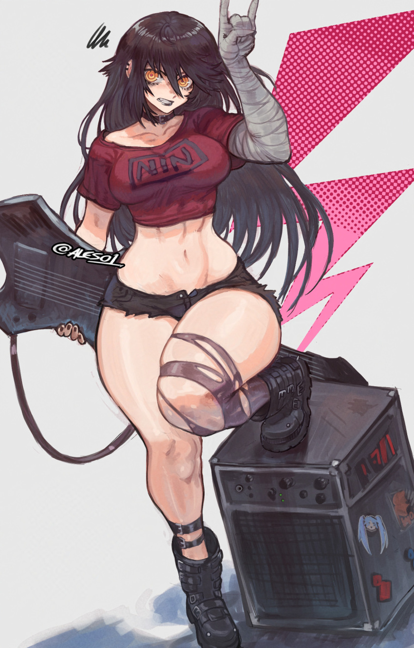 1girl \m/ abs ankle_belt annoyed bandaged_arm bandages belt_collar black_boots black_hair black_shorts boots breasts collar commission cropped_shirt denim denim_shorts ear_piercing electric_guitar eyebrows_hidden_by_hair full_body gabriel_ales guitar hair_between_eyes highres holding holding_instrument instrument large_breasts lipstick long_hair looking_at_viewer makeup navel open_mouth orange_eyes original piercing red_shirt shadow shirt short_shorts shorts solo speaker squiggle stomach teeth