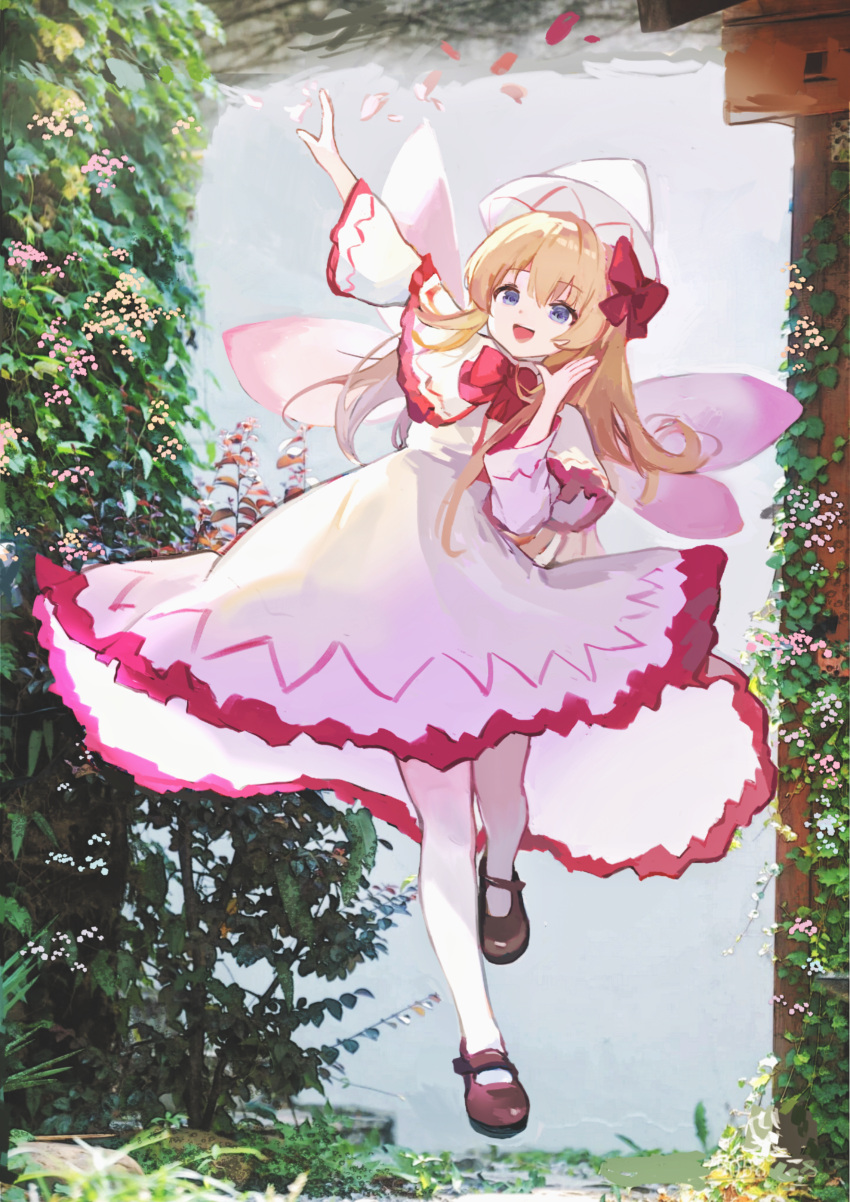 1girl :d absurdres aliaos arm_up black_shoes blonde_hair blue_eyes bow bowtie capelet chinese_commentary commentary_request dress fairy fairy_wings falling_petals flower flying frilled_capelet frilled_dress frills full_body garden grass hat highres leaf leg_up lily_white long_hair long_sleeves mary_janes midair open_mouth outdoors pantyhose petals plant pointy_hat red_bow red_bowtie shoes smile solo teeth touhou upper_teeth_only very_long_hair white_capelet white_dress white_hat white_pantyhose wide_sleeves wings