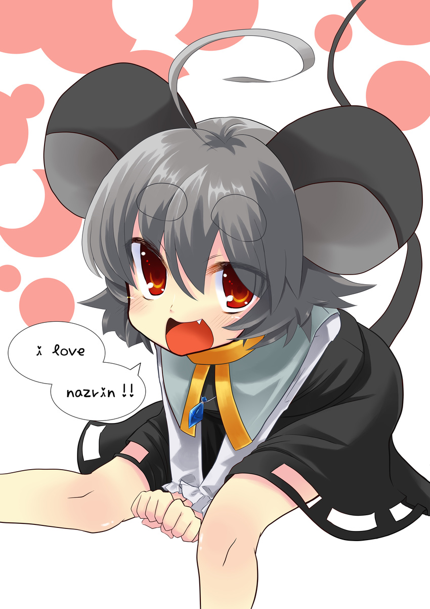 ahoge animal_ears eyebrows fang grey_hair highres jewelry mouse_ears mouse_tail nazrin orange_eyes pendant short_hair solo tail touhou usa-pom