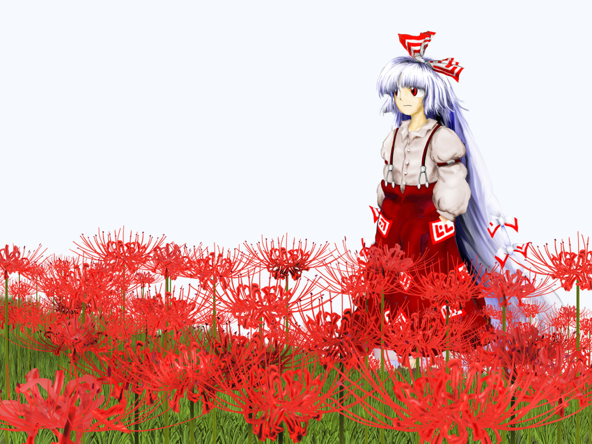 bad_id bad_pixiv_id bow field flower flower_field fujiwara_no_mokou hair_bow hands_in_pockets kams long_sleeves oota_jun'ya_(style) pants parody solo style_parody touhou white_hair