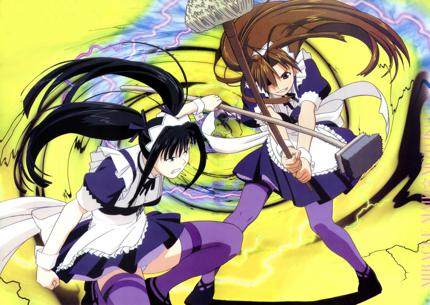 absurdres antenna_hair aoyama_motoko artist_request battle black_hair broom brown_hair duel highres long_hair love_hina maid maid_headdress multiple_girls narusegawa_naru petticoat purple_legwear thighhighs twintails