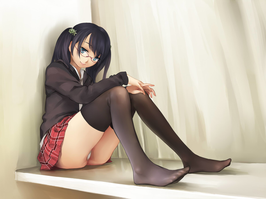 black_hair black_legwear blue_eyes flyx2 glasses legs long_hair long_legs long_sleeves looking_at_viewer original panties pantyshot pantyshot_(sitting) ponytail school_uniform sitting skirt smile solo thighhighs underwear