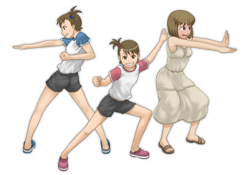 bare_shoulders blush dress embarrassed futami_ami futami_mami hagiwara_yukiho idolmaster idolmaster_(classic) multiple_girls no_socks open_mouth otsuaki pose raglan_sleeves siblings sisters smile sweatdrop twins