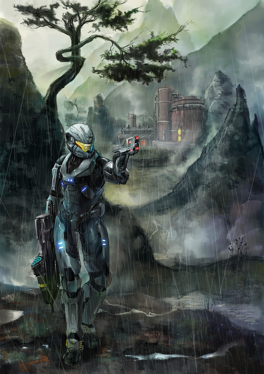 assault_rifle bullpup farm gear_(zcjx999) gun halo:_reach halo_(game) handgun helmet highres m6 ma5 mountain power_suit rain rifle scenery solo spartan spartan-b312 tree weapon