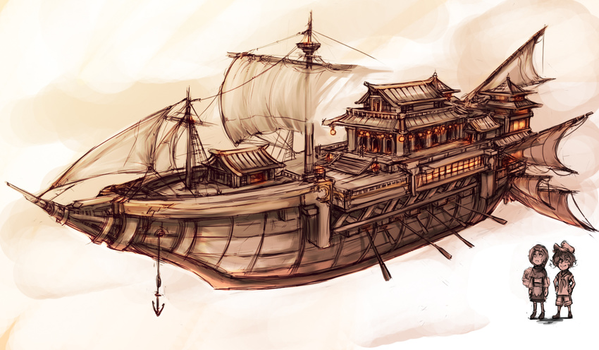 aircraft airship anchor bad_id bad_pixiv_id banned_artist kumoi_ichirin kurkoboltsi multiple_girls murasa_minamitsu oar palanquin_ship sail ship toramaru_shou touhou unzan watercraft