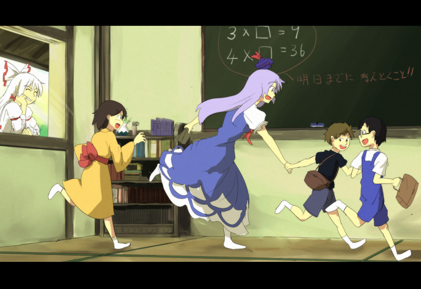 bad_id bad_pixiv_id bow chalkboard child fujiwara_no_mokou grin hair_bow hat holding_hands kamishirasawa_keine lavender_hair letterboxed long_hair multiple_girls running school smile touhou white_hair you_shimizu