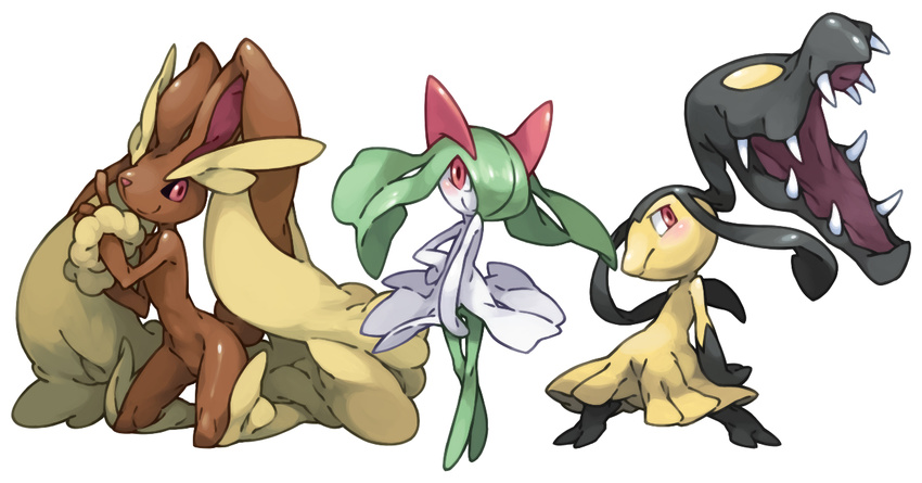 creature crossed_legs extra_mouth eyebrows fur gen_3_pokemon gen_4_pokemon hand_on_hip kirlia kneeling looking_at_viewer lopunny mawile monster no_humans open_mouth pearl7 pointing pokemon pokemon_(creature) pose red_eyes sharp_teeth simple_background smile standing teeth thick_eyebrows white_background