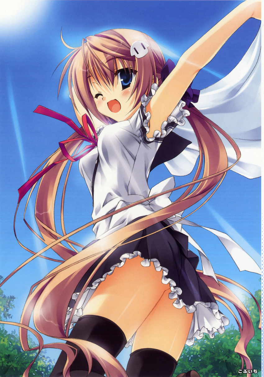\o/ arms_up black_legwear blue_eyes breasts brown_hair day hair_ornament hair_ribbon highres kobuichi koiiro_soramoyou large_breasts long_hair outstretched_arms ribbon shinohara_sera skirt sky smile solo thighhighs twintails very_long_hair