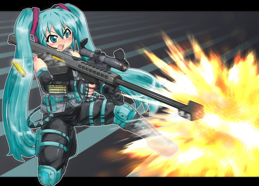 anti-materiel_rifle aqua_eyes aqua_hair barrett_m82 boots bullpup casing_ejection elbow_gloves fingerless_gloves firing gloves gun hase_yu hatsune_miku headset holding holding_gun holding_weapon knee_pads kneeling long_hair m82a2 military_operator muzzle_flash open_mouth rifle scope shell_casing sniper_rifle solo twintails vertical_foregrip very_long_hair vocaloid weapon