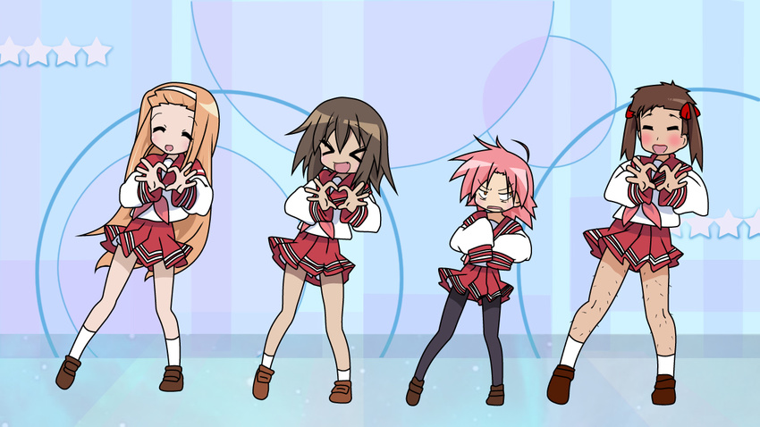 3girls crossdressing kogami_akira kusakabe_misao leg_hair lucky_star minegishi_ayano motteke!_serafuku multiple_girls pantyhose ryouou_school_uniform school_uniform serafuku shiraishi_minoru teperyndroors